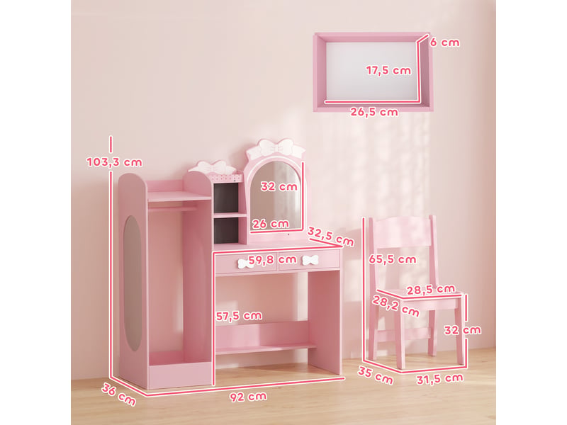  Coiffeuse enfant avec tabouret miroir led et penderie mdf rose 92 x 36 x 103,3 cm  - Conforama C