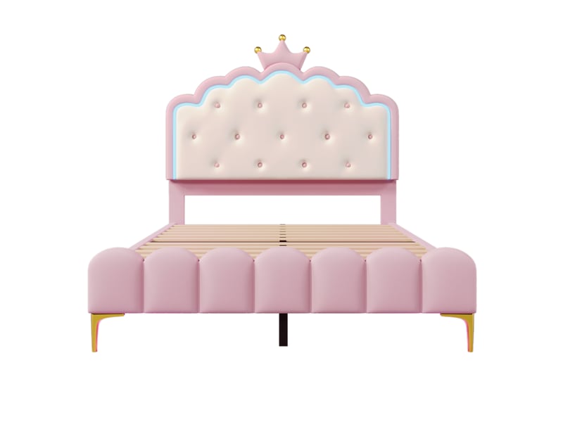  Lit enfant 140x200cm,lit double pour filles en pu avec lumière led et pieds dorés,en forme de couronne,rose lit enfant rose - Conforama D