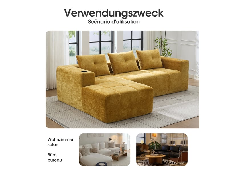 Canapé d’angle 4 à 5 places avec porte-gobelets  - assise profonde en chenille jaune 258 × 163 × 68 cm  - Conforama E