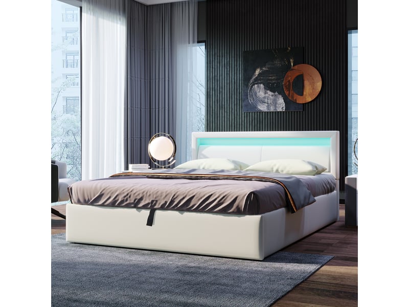  Lit coffre 140x200 blanc en similicuir, lit double avec éclairage led et sommier à lattes, grand espace de rangement, design moderne  - Conforama D