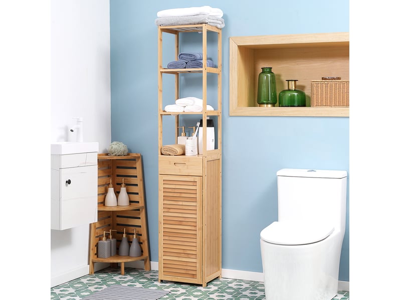  Armoire de salle de bains en bambou 32 x 30 x 163 cm, avec tiroir, naturelle  - Conforama B