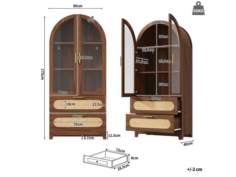 Vitrine 80x40x175 cm, portes en verre, 2 tiroirs, style rétro, poignées dorées, intérieur, pour bureau, en mdf, noyer  - Conforama C