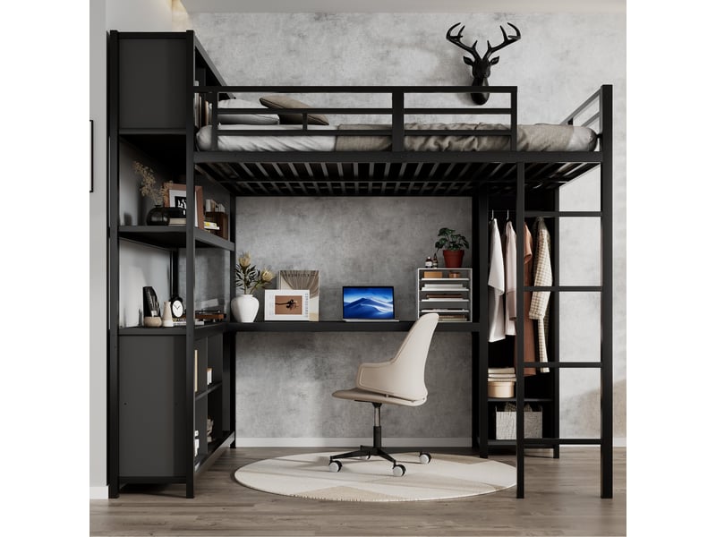  Lit mezzanine 140x200 en fer noir avec bureau, rangements et armoire  - Conforama W