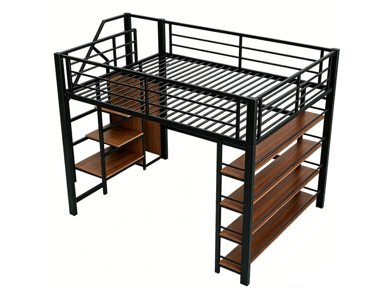  Lit mezzanine 140 x 200 cm échelle de sécurité rangement intégré petit placard intégré étagères intégrées barrière haute noir  - Conforama D