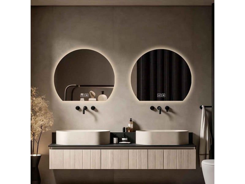 Miroir salle de bain led 60 par 53 cm blanc en verre argenté sans cuivre demi cercle tactile anti buée trois couleurs cri supérieur à 90 - Conforama B