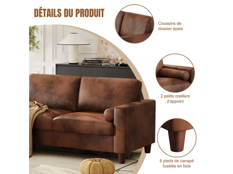 Canapé 3 places en cuir pu, 234 cm avec repose-pieds et 2 coussins, capacité 365kg, pieds bois massif 234x87x88 - Conforama C