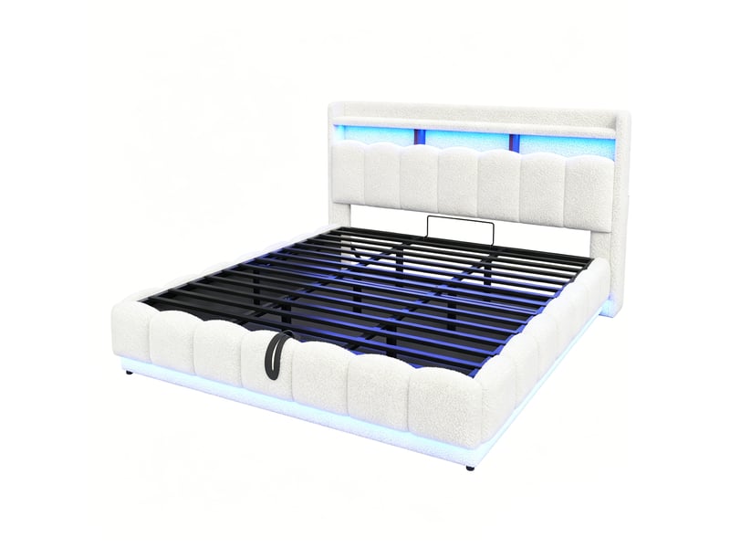  Lit coffre 180x200 cm - lit double rembourré avec coffre hydraulique, led, usb et prise - tissu bouclé blanc  - Conforama W