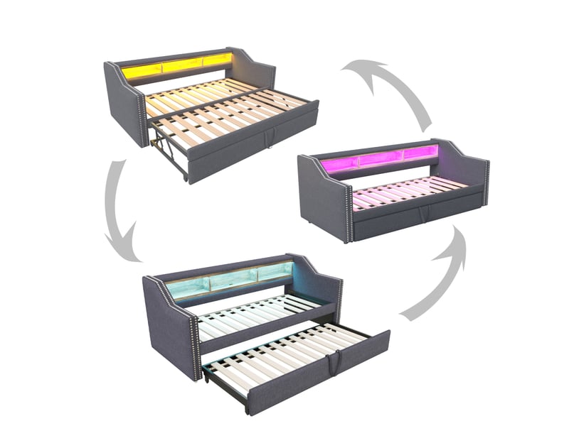  Lit rembourré, canapé-lit extensible 90180 x 190 cm, compartiment de rangement multifonctionnel, lumière led et prise usb, avec cadre à lattes, gris foncé (avec deux matelas à ressorts)  - Conforama D