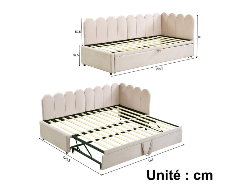 Canapé convertible en l avec lit gigogne et dossier, couchage 90 x 200 et 180 x 200 cm, revêtement en velours beige et rose - Conforama D