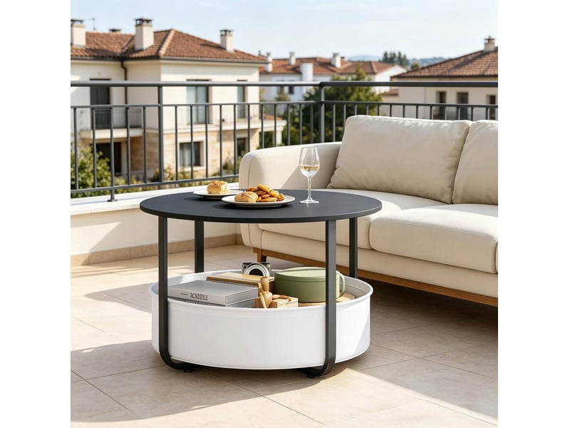 Table basse ronde ø 80 x h 50 cm avec panier en toile, métal noir  - Conforama C