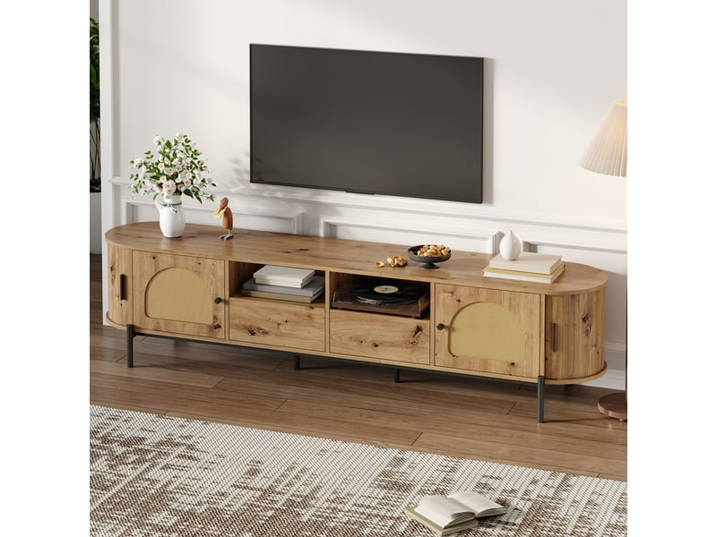  Meuble tv ovale, avec 2 portes coulissantes, 2 portes, 2 tiroirs, niches et passe-câbles, mdf naturel, 200×40×49.5 cm  - Conforama C