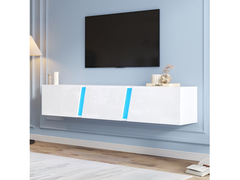  Meuble tv mural 180 x 35 x 30 cm blanc brillant avec led et 3 portes abattantes  - Conforama C
