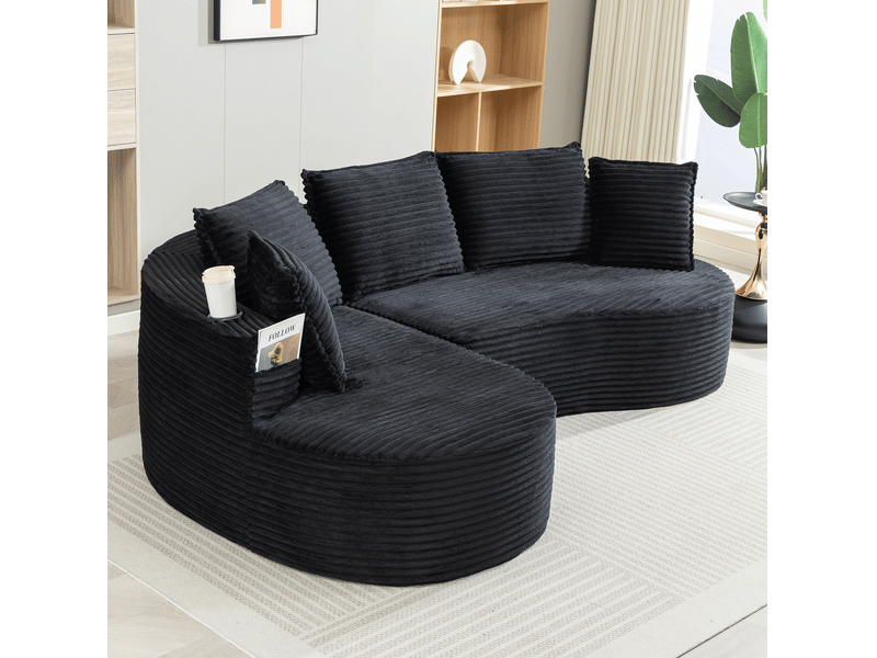 Canapé droit fixe 3 places incurvé en velours côtelé noir avec porte-gobelets et poches latérales  - Conforama E