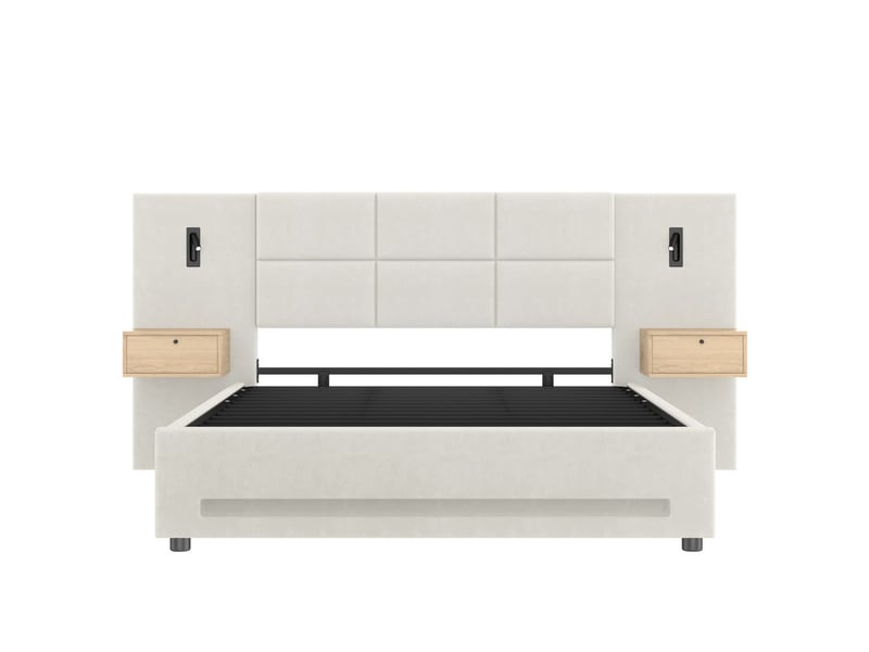  Lit rembourré 160x200, avec tête velours, tiroirs, led, usb-c, coffre hydraulique, structure métallique, beige  - Conforama A