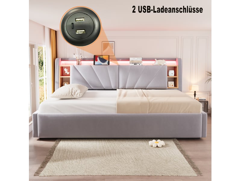  Lit coffre canapé 90x200 cm, rangement hydraulique, led, usb, velours gris clair,  sans matelas  - Conforama D