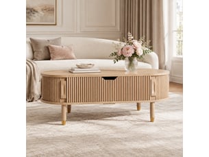 Table basse relevable avec rangement et 2 portes coulissantes rainurées pour salon en mdf naturel 110 × 48 × 57 cm