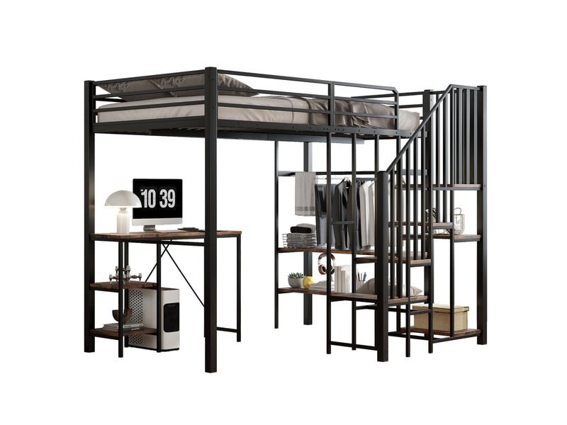  Lit superposé 120x200 cm avec bureau, penderie ouverte et échelle d'angle, noir  - Conforama A