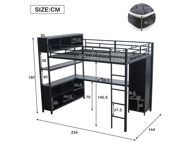  Lit mezzanine 140x200 en fer noir avec bureau, rangements et armoire  - Conforama C