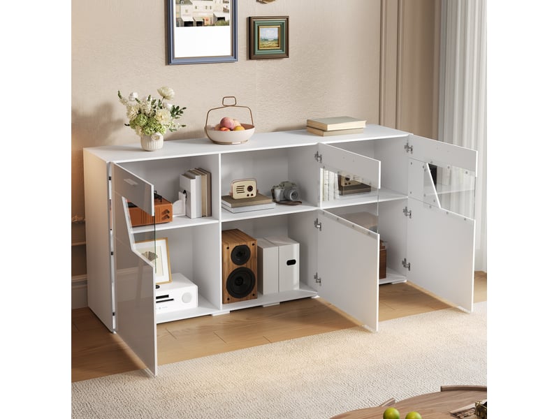  Buffet 3 portes avec led et 6 compartiments, 160x38x78 cm blanc  - Conforama B