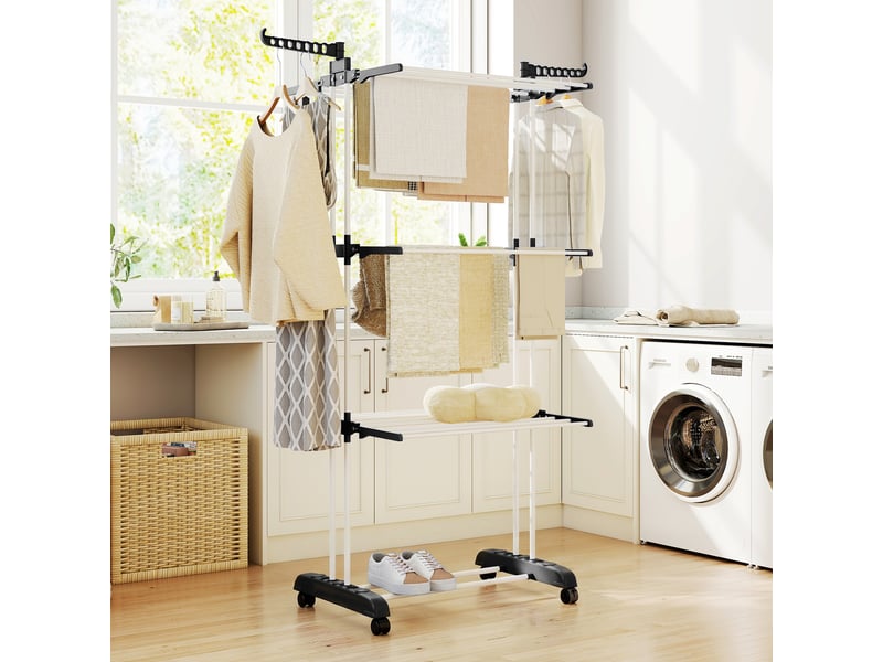 Étendoir à linge pliable à 4 niveaux avec ailettes rotatives et 4 roues, en acier et polypropylène, 73 x 64 x 177 cm, noir - Conforama B