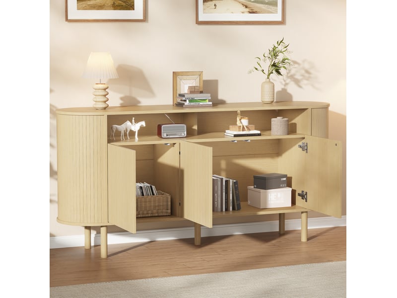 Buffet bas avec 3 portes ondulées et 2 niches ouvertes, 5 pieds, pour salon et salle à manger, coloris bois naturel - Conforama D