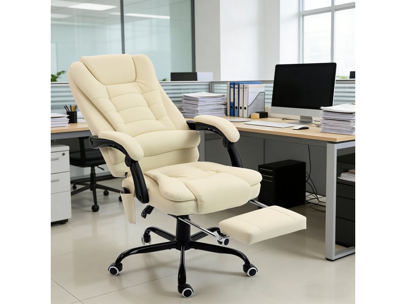 Fauteuil de bureau massant, chaise de bureau avec hauteur réglable, dossier inclinable et télécommande filaire, beige - Conforama C