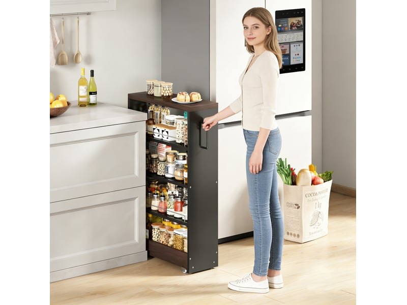  Desserte de rangement étroite 55x12x85 cm – 4 étagères réglables sur roulettes – noir et marron pour salle de bain  - Conforama B