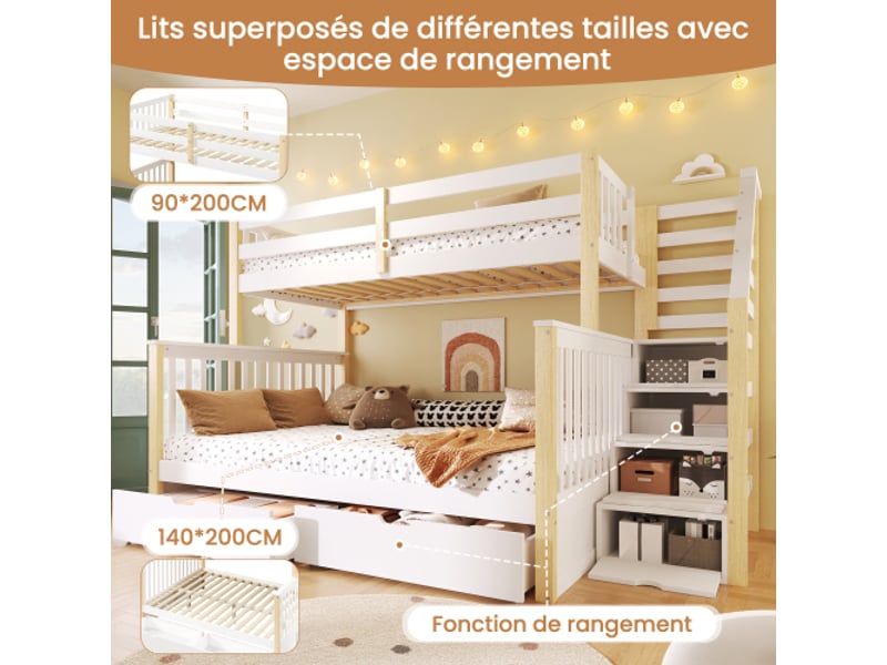 Lit mezzanine 90x200 au-dessus d'un lit superposé 140x200 - tiroirs et rangement, blanc et bois naturel, sans matelas - Conforama E