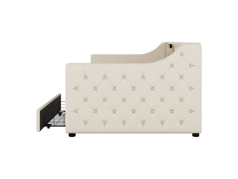  Lit de jour 90x200 canapé lit en lin beige avec éclairage led, 2 tiroirs et port usb  - Conforama W