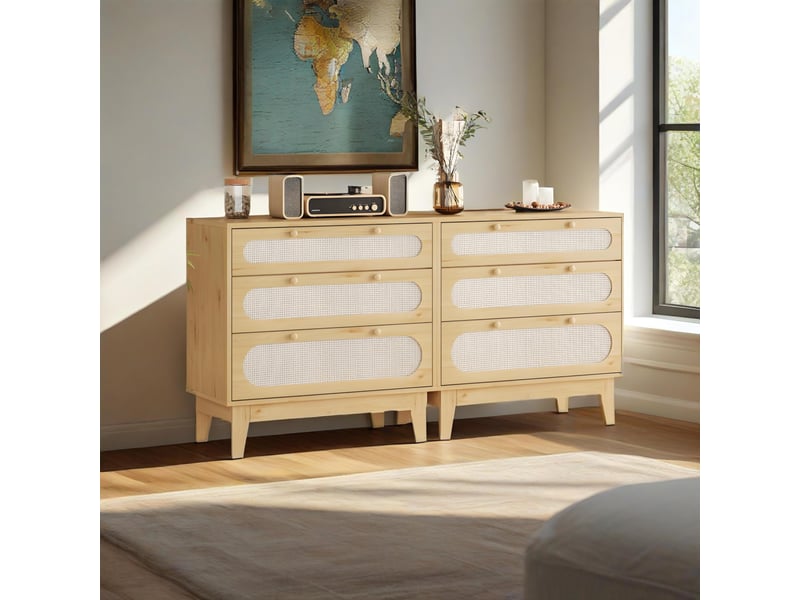 Commode 3 tiroirs en rotin et bois naturel, lot de 2 – grand capacité, poignées métal, finition étanche, sécurité anti-basculement VAM_33SLJHSM - Conforama D
