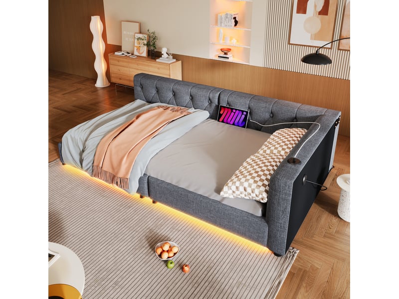  Lit banquette 90x200 cm avec led, usb et usb-c gris  - Conforama D