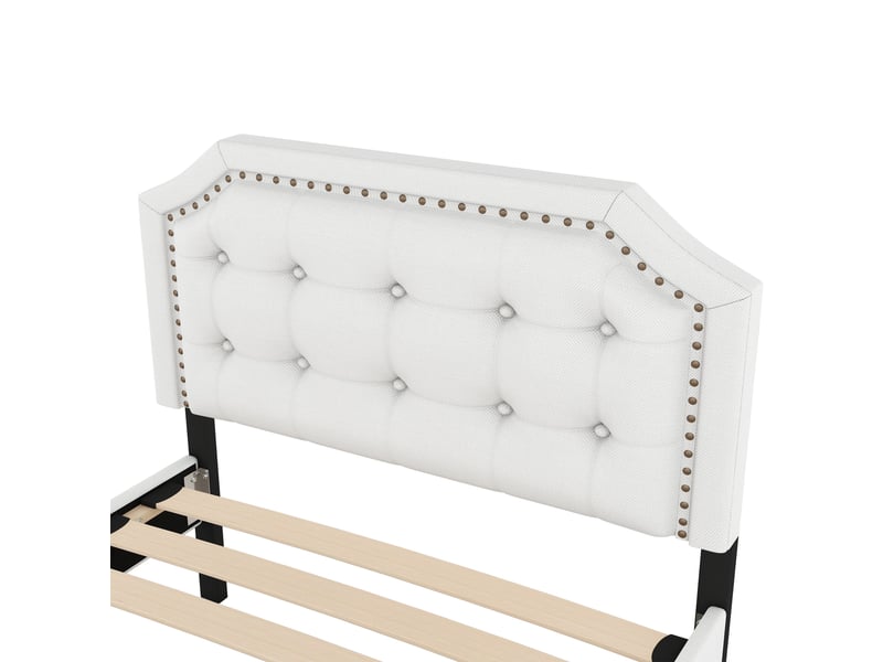  Lit enfant 90x200 cm avec 2 tiroirs, tête de lit matelassée à boutons et clous décoratifs, mdf, lin, beige clair, sans matelas  - Conforama E