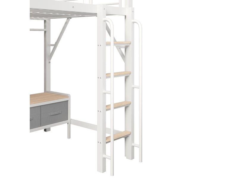  Lit mezzanine 140×200 cm avec bureau, led, usb et rangements, métal et mdf blanc sans matelas  - Conforama D