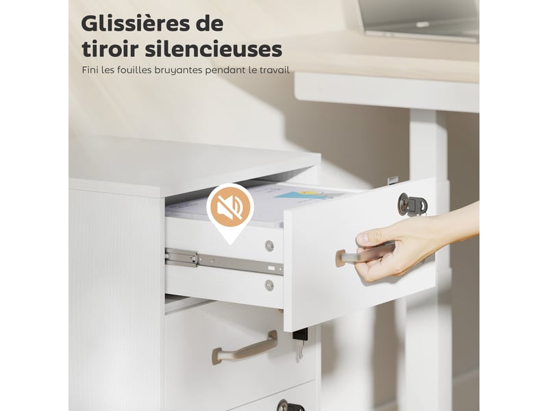  Caisson de bureau mobile avec 3 tiroirs verrouillables, caisson de rangement sur roulettes, 40 x 40 x 69,5 cm, blanc  - Conforama R