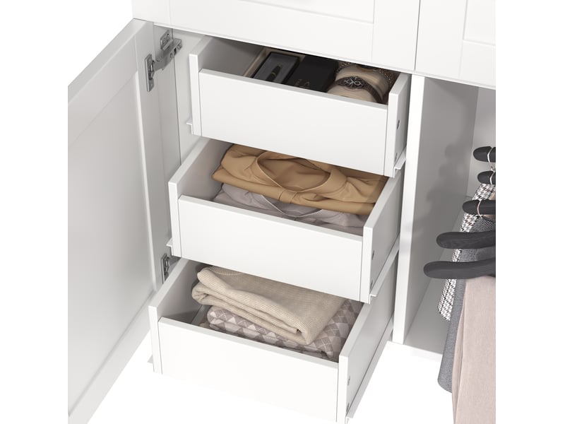  Armoire à portes battantes 90x50x200 cm avec 4 portes, 2 barres et 5 tiroirs, blanche  - Conforama R