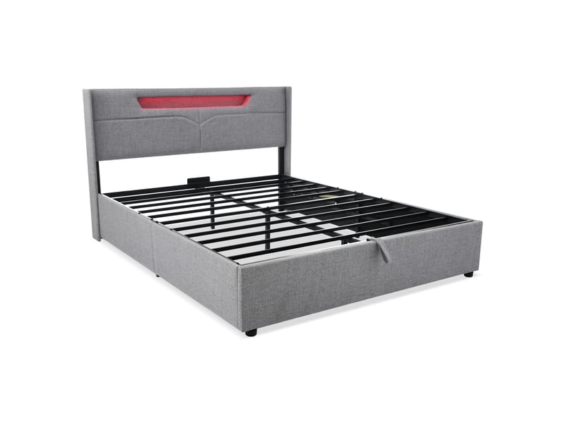 Lit capitonné, lit double 160x200 cm, led, usbusb-c, sommier à lattes, lin gris, matelas inclus - Conforama B