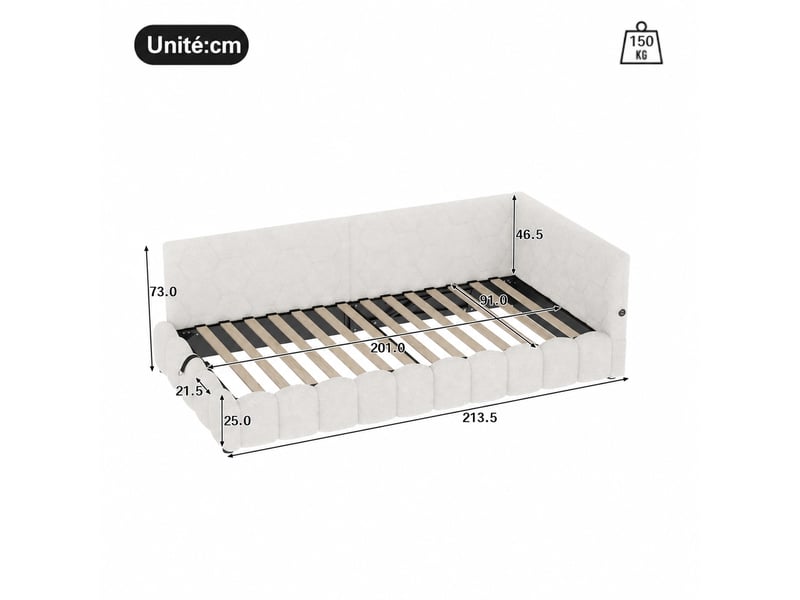  Lit banquette 90 × 200 cm avec rangement hydraulique, éclairage multicolore et ports usb, en velours blanc  - Conforama D