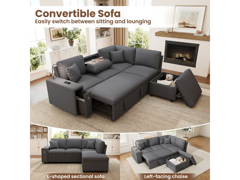  Canapé d'angle convertible 5 places, coffre de rangement, pouf, table rabattable, usb et usb-c, lampe led de lecture - gris  - Conforama D