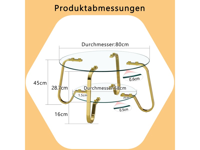  Table basse ronde à deux niveaux en verre trempé et métal doré 80 cm evryae  - Conforama E