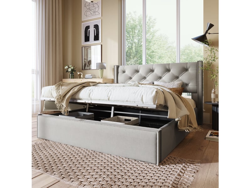  Lit coffre tcqpz 140 x 200 cm relevable gris clair structure métal lattes en bois  - Conforama B