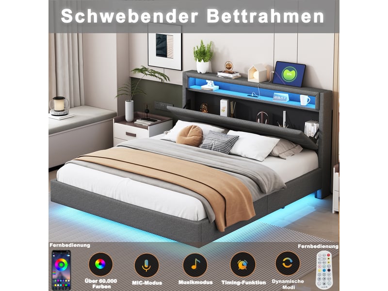  Lit coffre gris avec éclairage led, usb, tête pivotante et espace de rangement pour chambre moderne  - Conforama C
