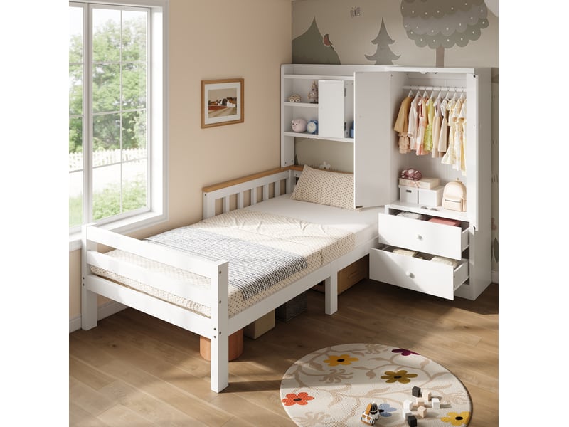  Lit enfant multifonction 90x200 avec armoire et rangement evryae  - Conforama C