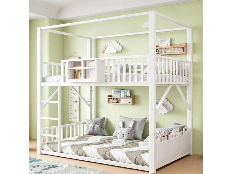  Lit superposé métal 90x200 cm pour enfant et ado, structure simple gain de place avec toit, lit superposé moderne blanc  - Conforama B