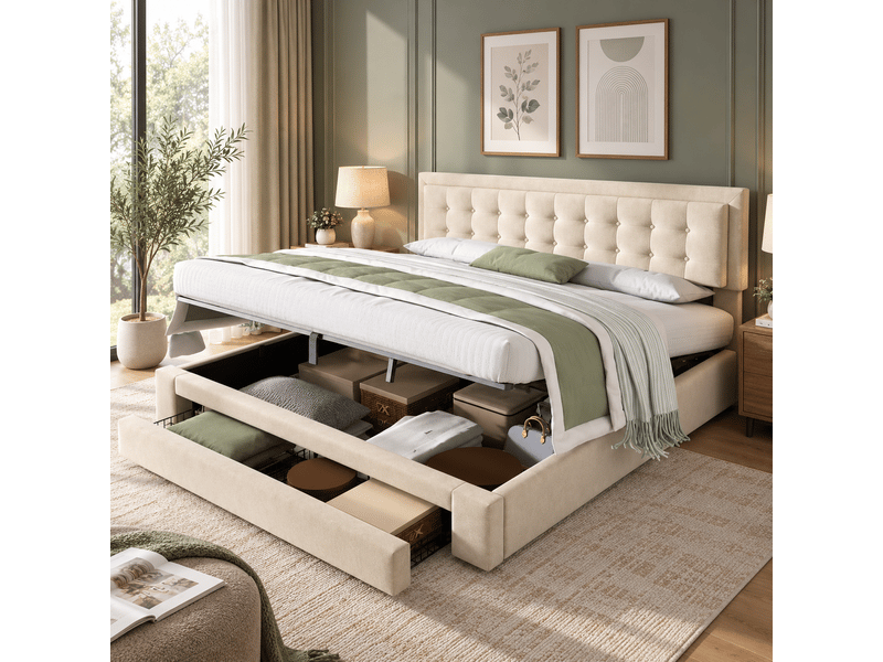  Lit avec caisson et tiroirs, tissu velours, lit rembourré, sommier à lattes, lit double, grand rangement, 160 x 200, beige Seren Glow - Conforama E