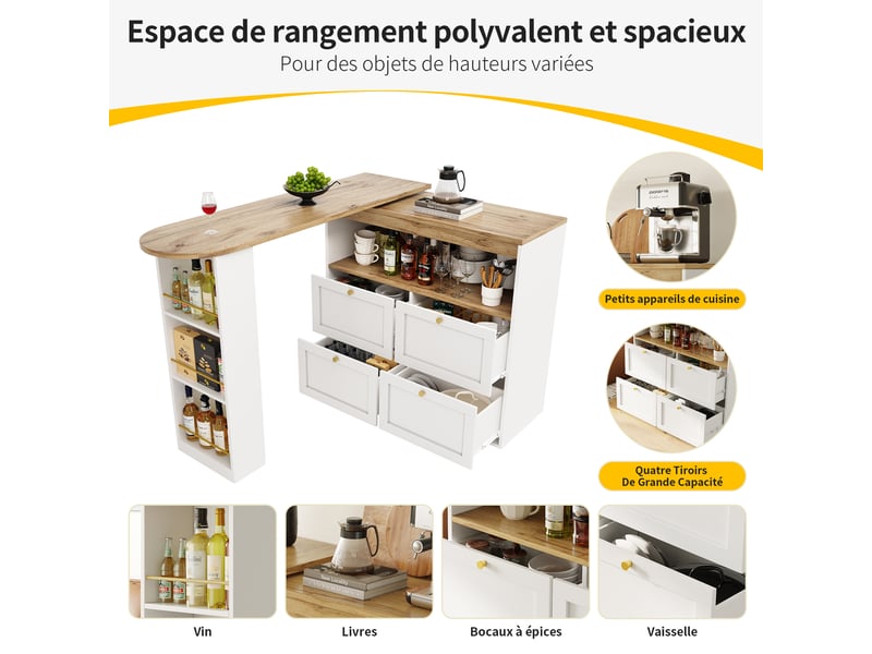  Table de bar 105 x 39 x 102 cm avec 4 tiroirs, rangements ouverts et plateau pivotant à 360°, blanc  - Conforama E