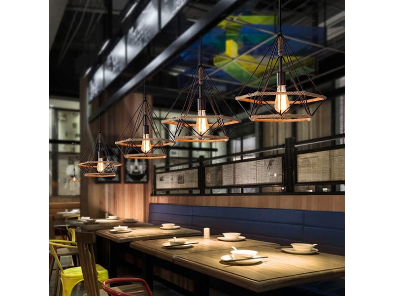  Suspension industrielle design 3 lampes diamant chanvre corde métal  - Conforama D