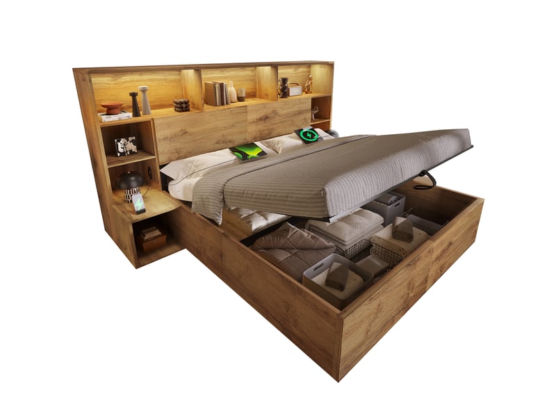  Lit avec rangement 160 x 200 cm avec led, ports usb-c, tables de nuit intégrées, en bois couleur chêne  - Conforama A