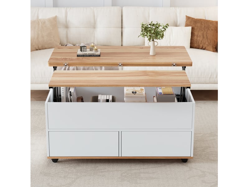  Table basse relevable 100 x 98 x 65 cm avec rangement, roulettes, blanc et bois  - Conforama D