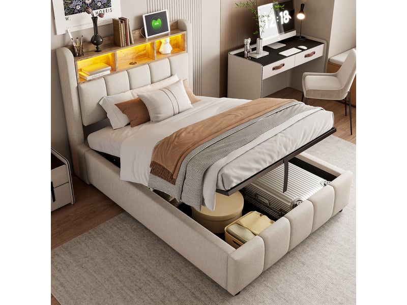  Lit coffre simple 90×200 cm avec led réglable, usb, type-c et rangements - okmyhome- beige, matelas inclus  - Conforama C