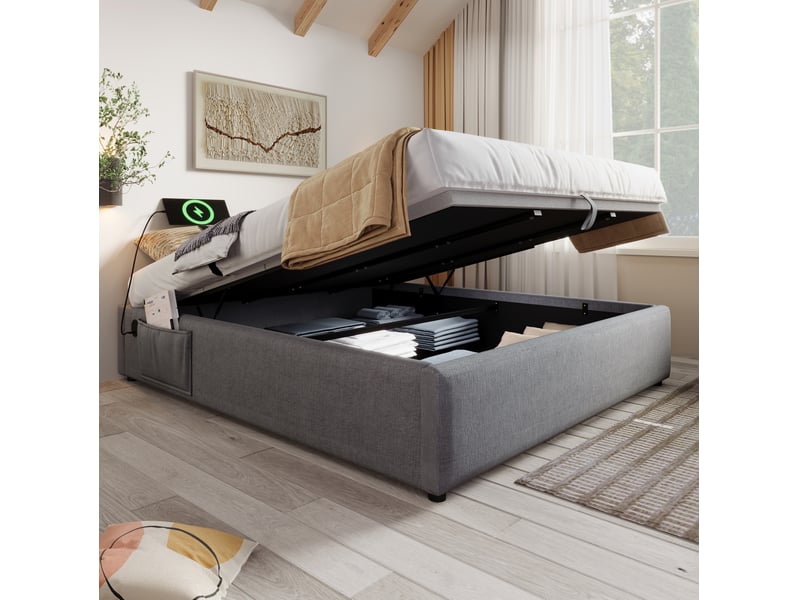  Lit coffre double 160x200 cm avec ports usb et usb-c, bois et métal, gris, sans matelas  - Conforama E